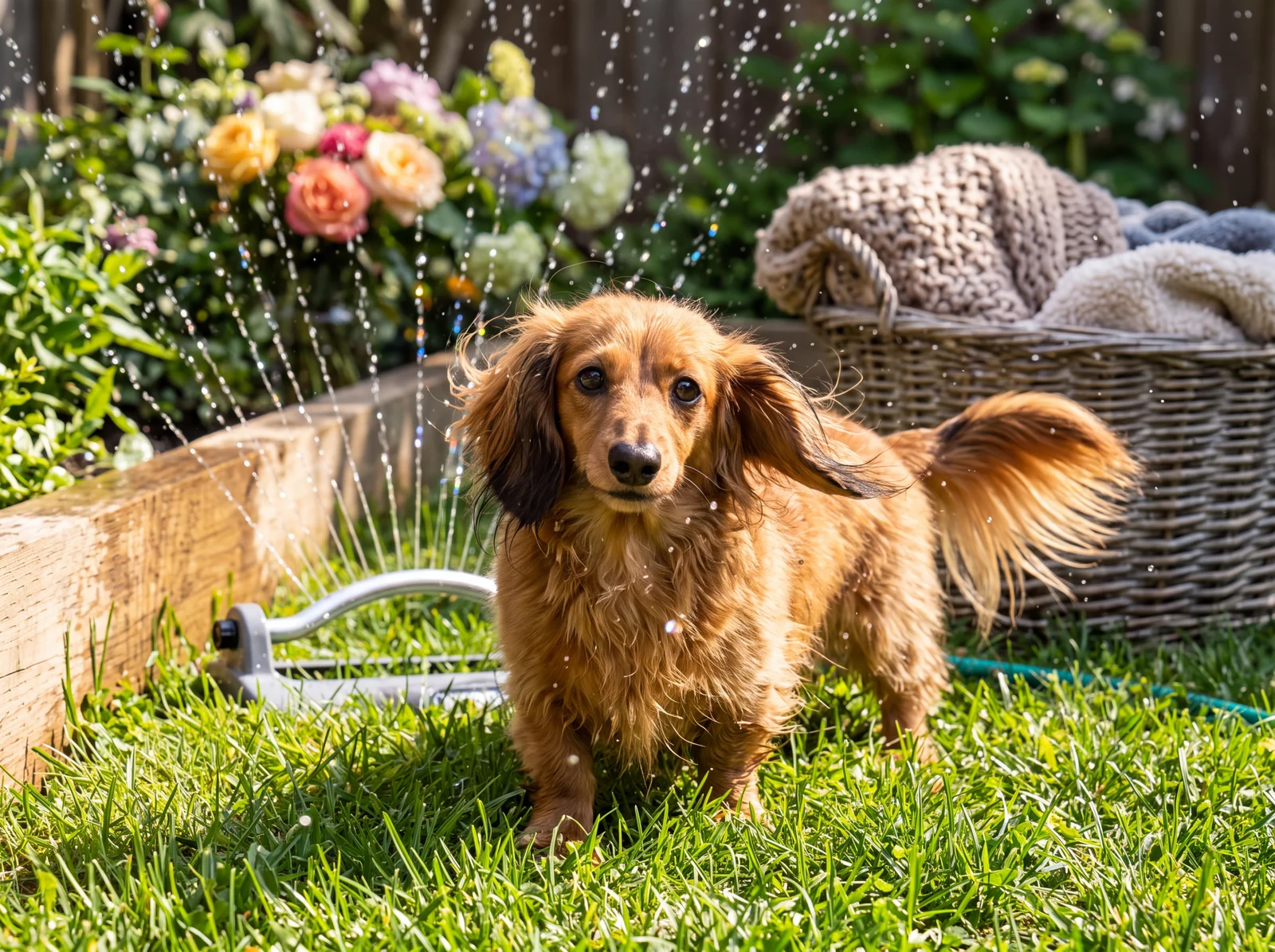 AI-generated calendar artwork of Minnie the dachshund shaking off after running through a garden sprinkler in August