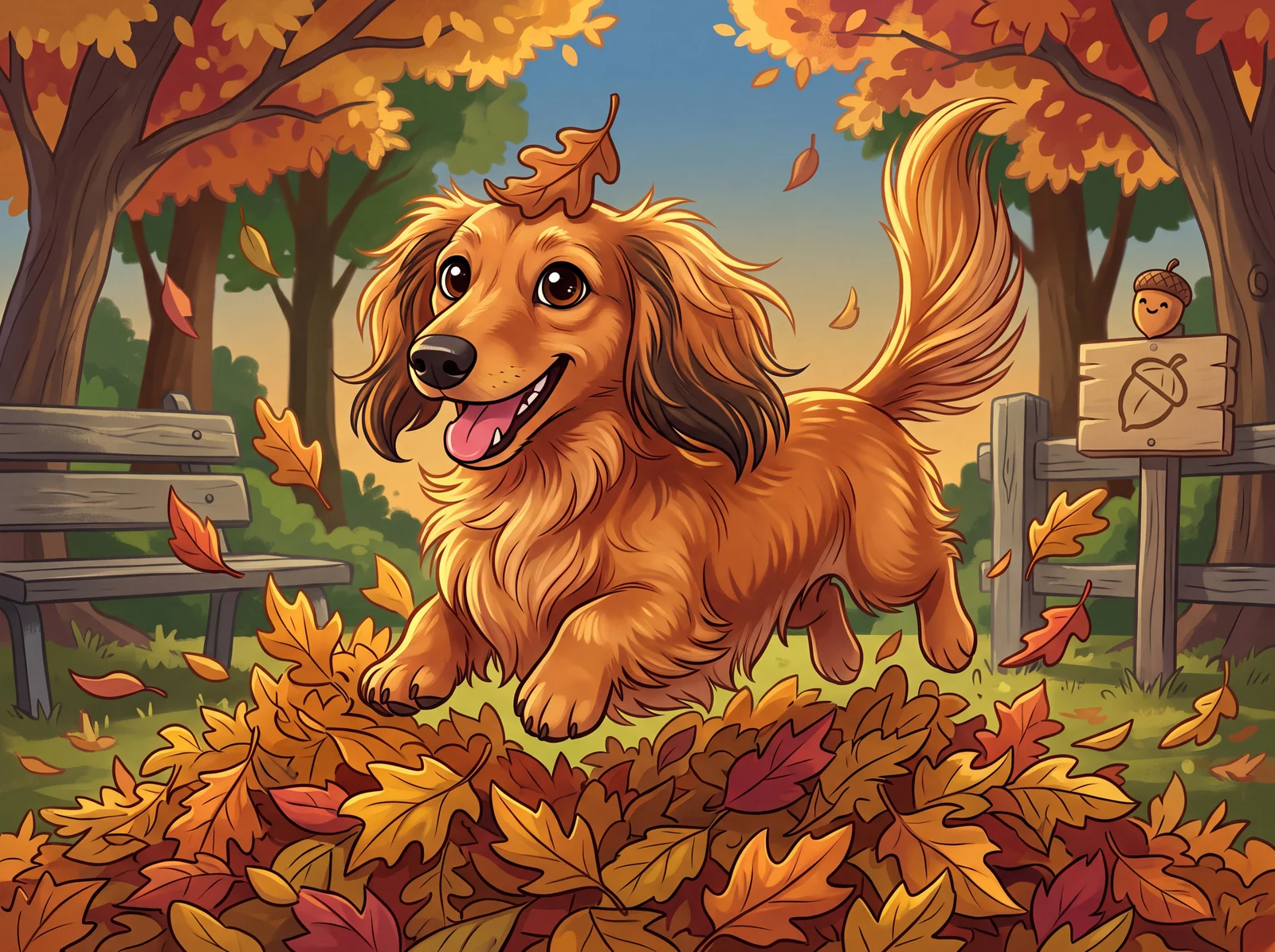 AI-generated cartoon calendar artwork of Minnie the dachshund leaping into a pile of autumn leaves in September