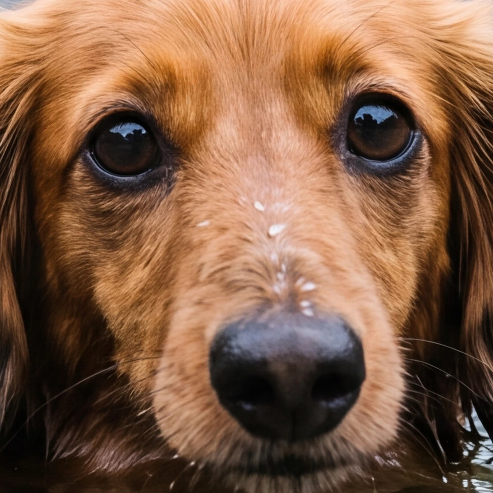 Close-up of Minnie's face, showing wet fur, whiskers and drops of water on her nose