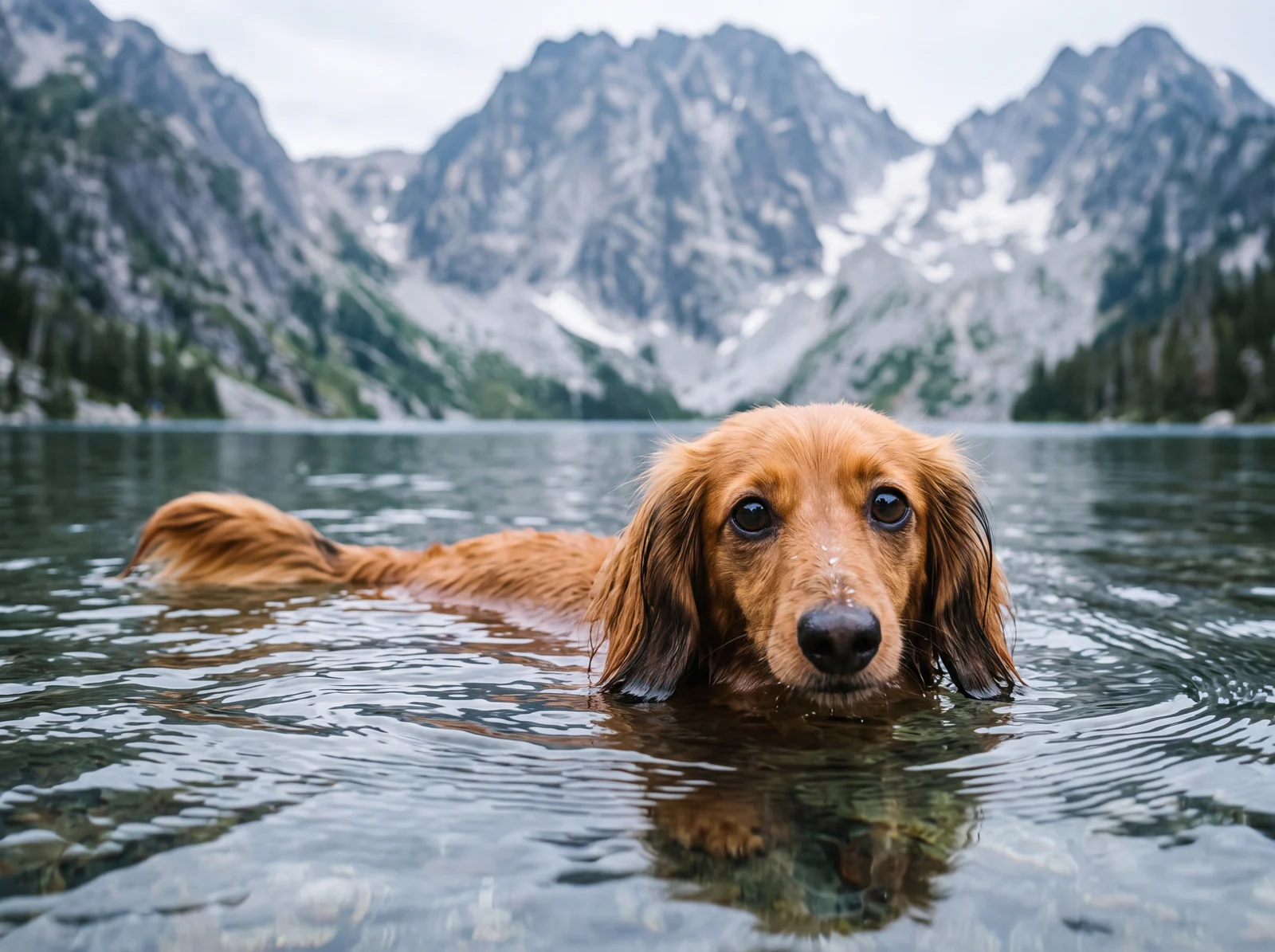 AI-generated calendar artwork of Minnie, a long-haired dachshund, swimming in an alpine lake in August