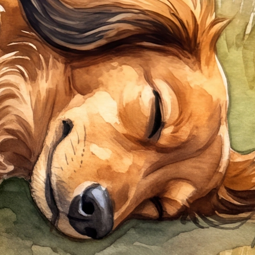 Close-up of Minnie's sleeping face, showing soft watercolour edges and the dark fringe on her ear