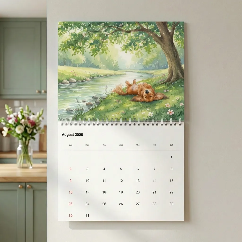 Custom pet calendar hanging on wall - aug